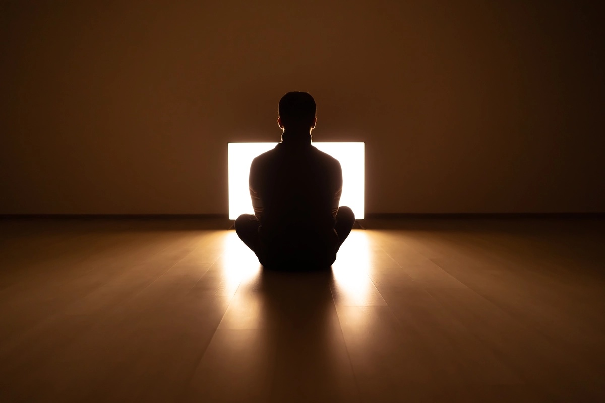A young man with undifferentiated schizophrenia sits in front of a bright monitor in a dark room. A young man with undifferentiated schizophrenia sits in front of a bright monitor in a dark room.
